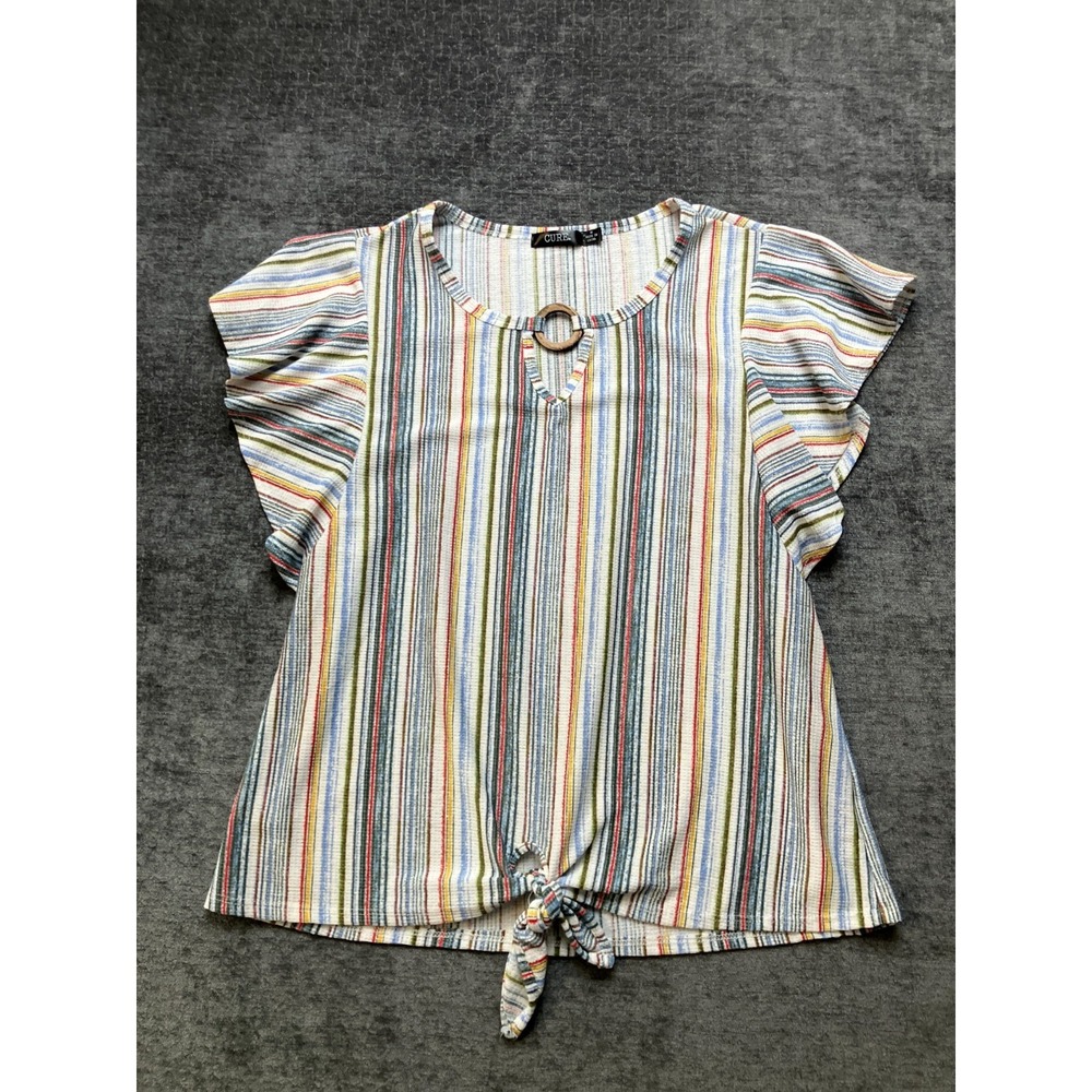 Cure Blouse Top Womens Medium Multicolor Striped Stretch Knot Hem Flutter Sleeve